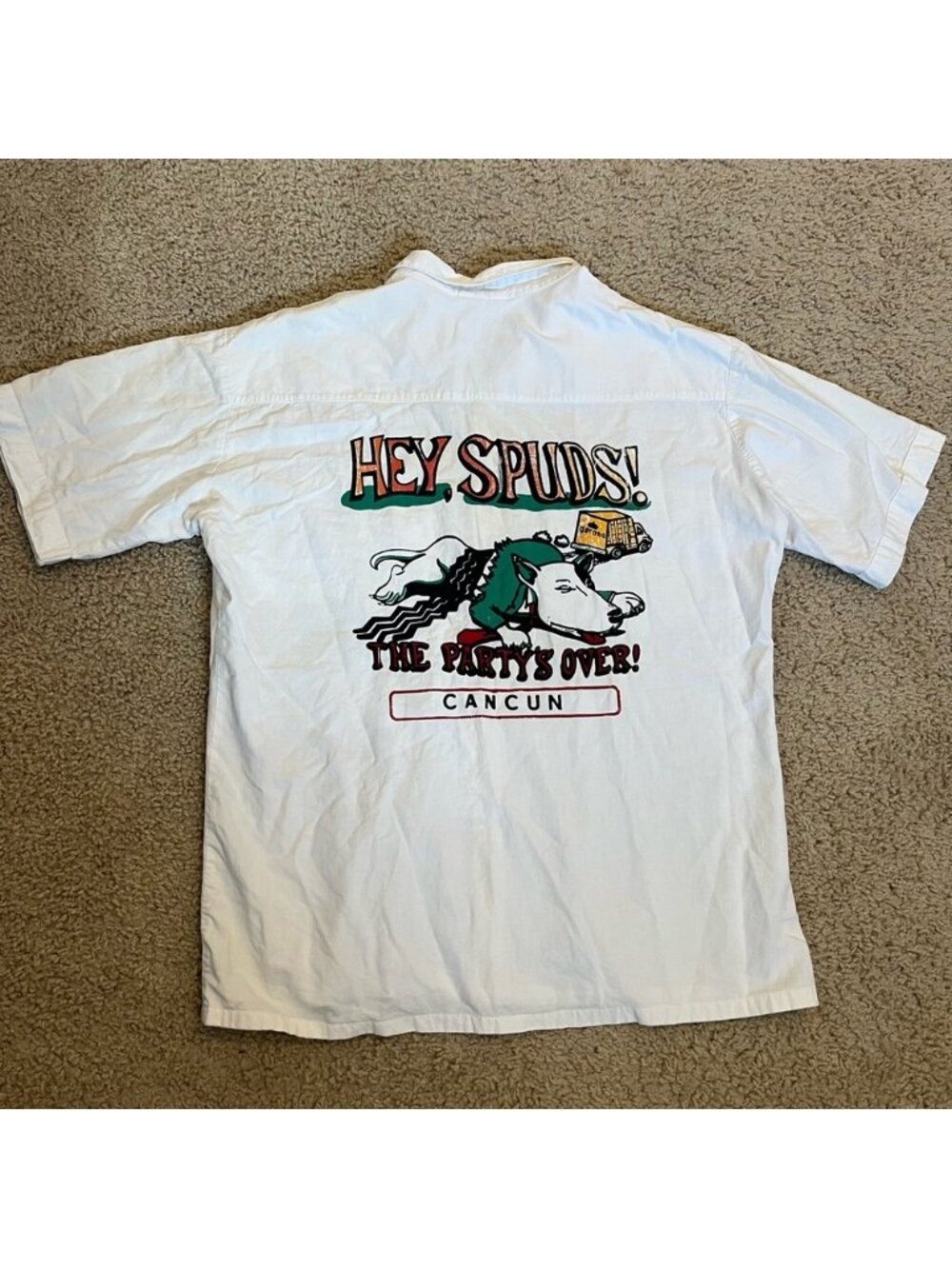 Vintage 80s Hey Spuds The Party’s Over Cancun Shirt Budweiser Coors Beer Mexico